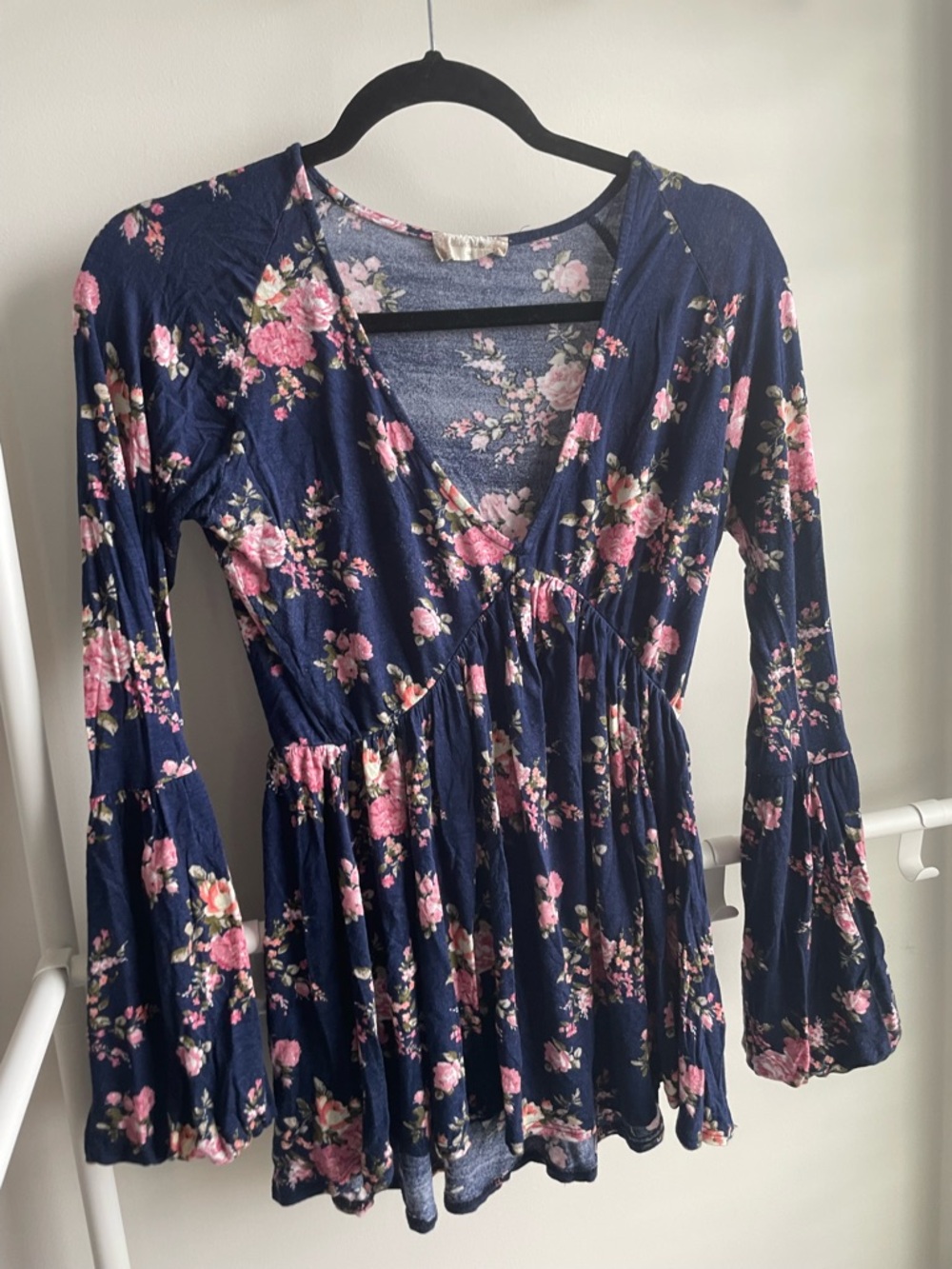Altar'd State Navy Floral V-Neck Babydoll Top - Pink Floral